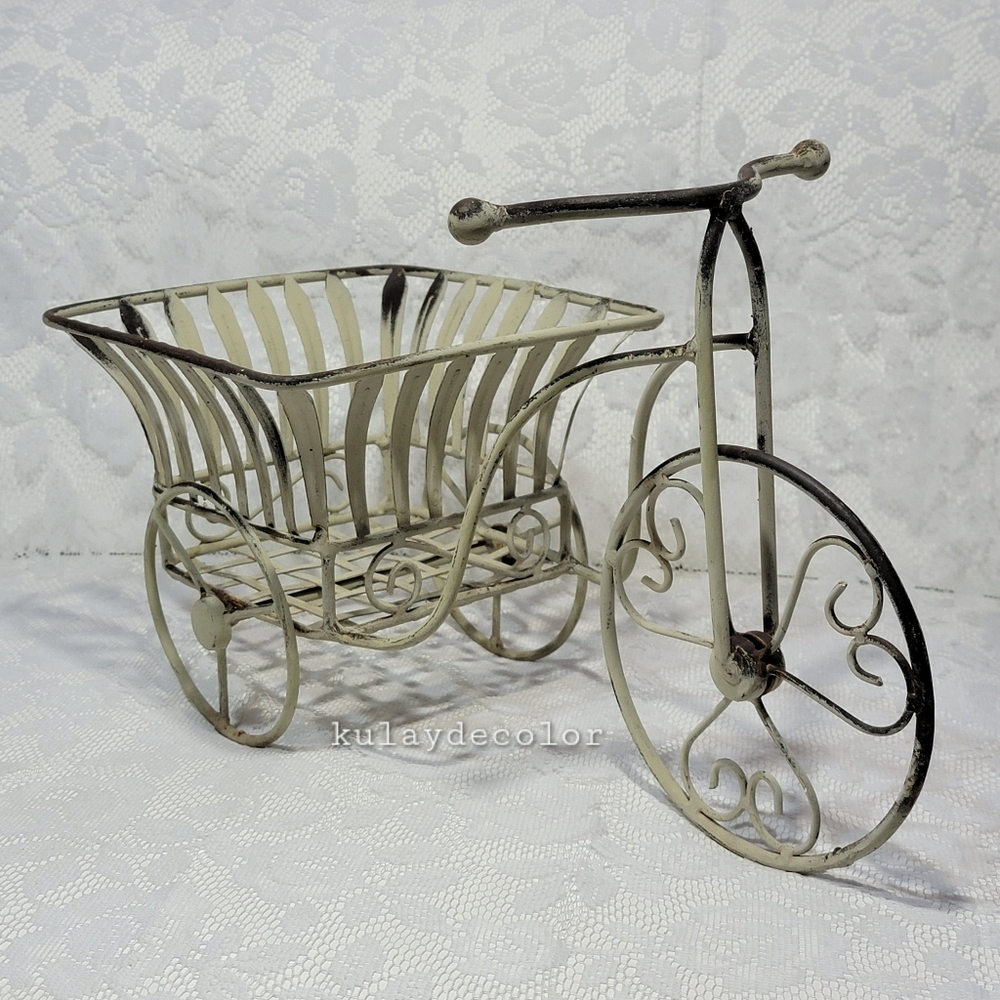 Vintage Style Metal Tricycle Planter Basket Scroll Design Decorative Display